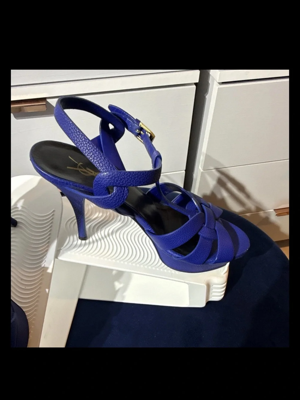 Yves Saint Laurent Tribute Cobalt Blue Leather Platform Sandals with White Sole